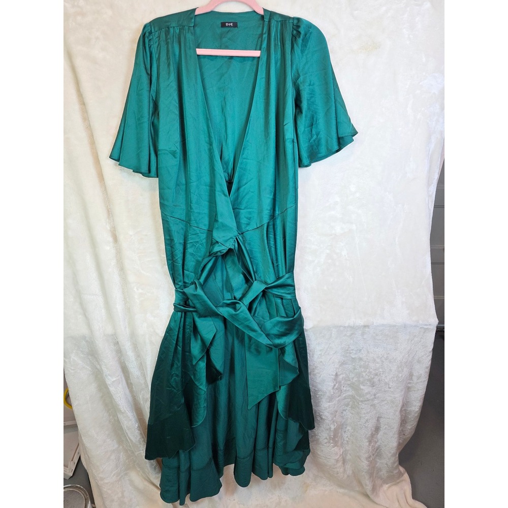 ENME Emerald Green Satin Wrap Midi Dress Flutter Sleeve Ruffle Hem Wedding Guest